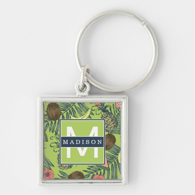 Tropical Fruit Sketch on Green Pattern Key Ring (Front)