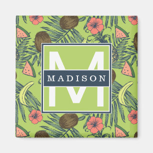 Tropical Fruit Sketch on Green Pattern Magnet