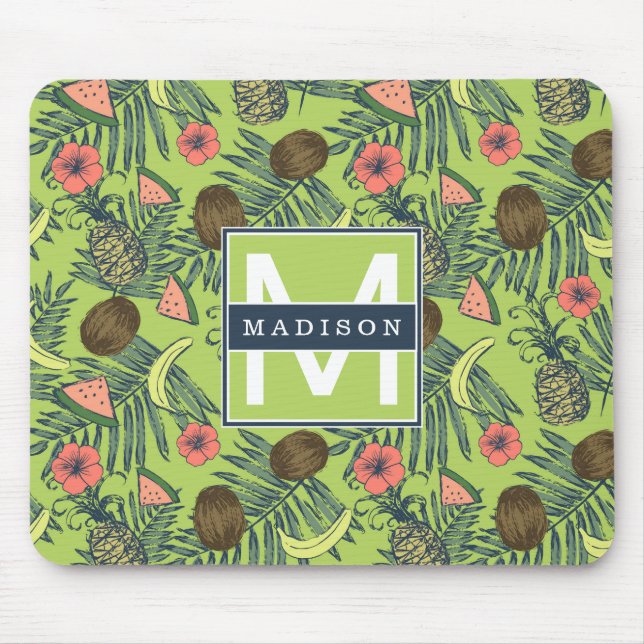 Tropical Fruit Sketch on Green Pattern Mouse Mat (Front)