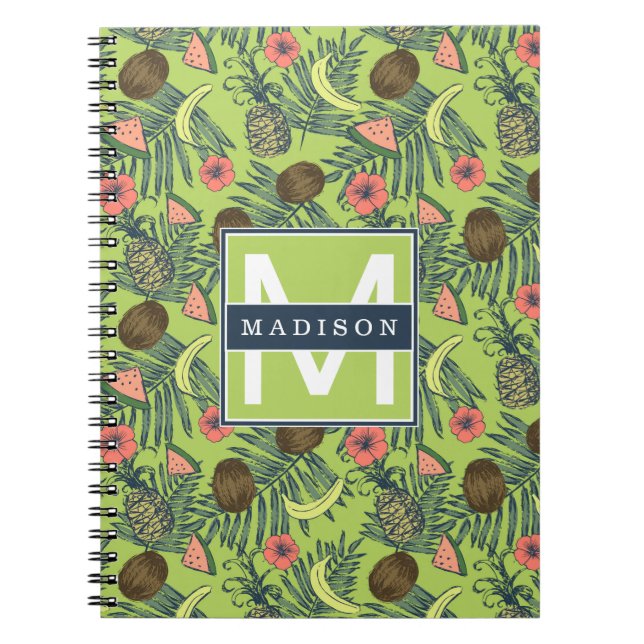Tropical Fruit Sketch on Green Pattern Notebook (Front)