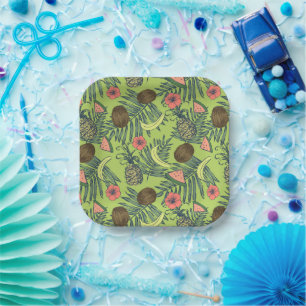 Tropical Fruit Sketch on Green Pattern Paper Plate