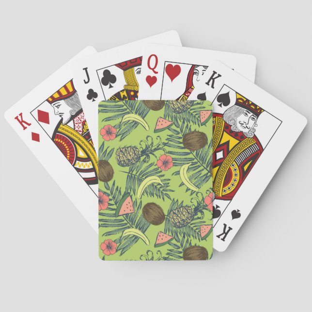 Tropical Fruit Sketch on Green Pattern Playing Cards (Back)