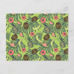 Tropical Fruit Sketch on Green Pattern Postcard