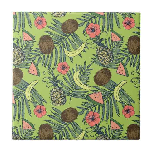 Tropical Fruit Sketch on Green Pattern Tile (Front)