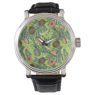 Tropical Fruit Sketch on Green Pattern Watch