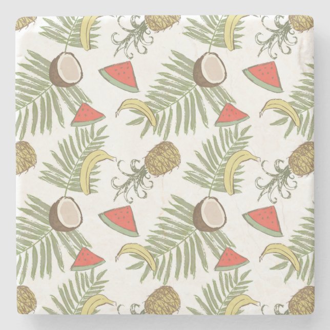 Tropical Fruit Sketch Pattern Stone Coaster (Front)