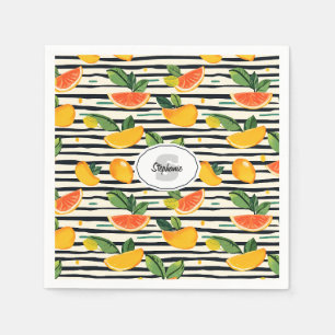 Tropical Fruit Stripe Yellow Orange Pink and Green Napkin
