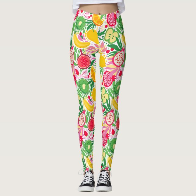 Tropical Fruit  Watercolor Summer Pattern Leggings (Front)
