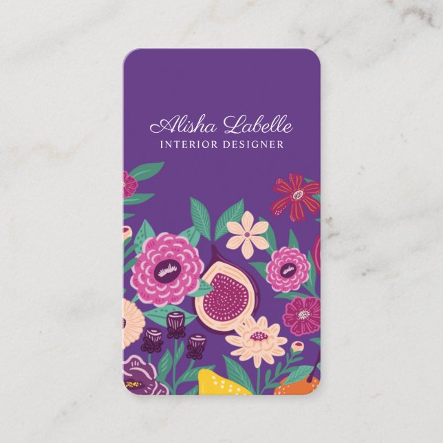 Tropical Fruit & Wildflowers Botanical Violet Business Card (Front)