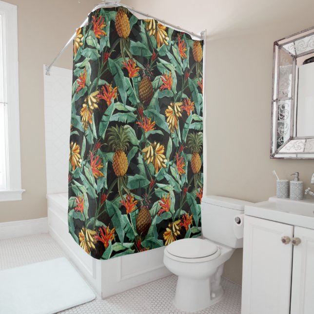 Tropical fruits and flowers jungle on black shower curtain (In Situ)