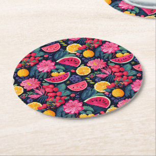 Tropical Fruits and Flowers Round Paper Coaster