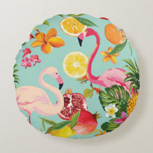 Tropical Fruits Flamingo Vintage Pattern Round Cushion