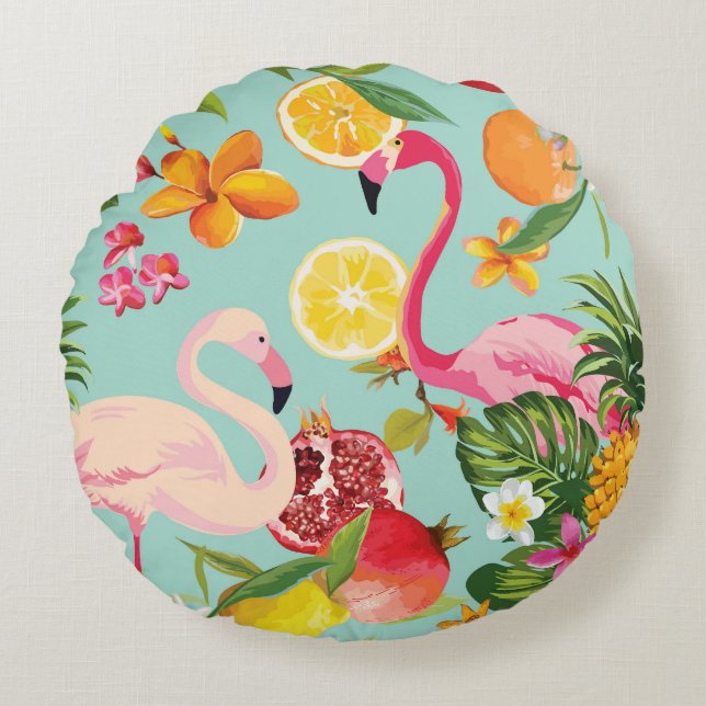 Tropical Fruits Flamingo Vintage Pattern Round Cushion (Front)