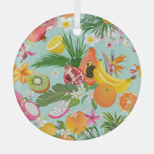 Tropical fruits, flowers: vintage background. glass tree decoration