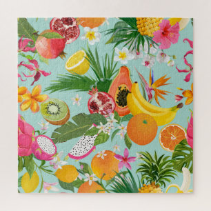 Tropical fruits, flowers: vintage background. jigsaw puzzle