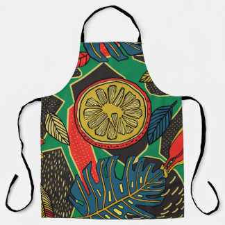 Tropical fruits, leaves, doodle floral pattern. apron