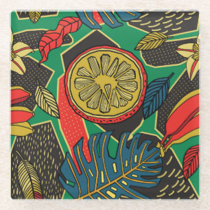 Tropical fruits, leaves, doodle floral pattern. glass coaster