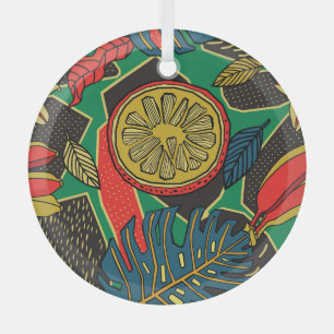 Tropical fruits, leaves, doodle floral pattern. glass tree decoration