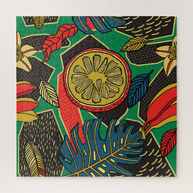 Tropical fruits, leaves, doodle floral pattern. jigsaw puzzle (Vertical)