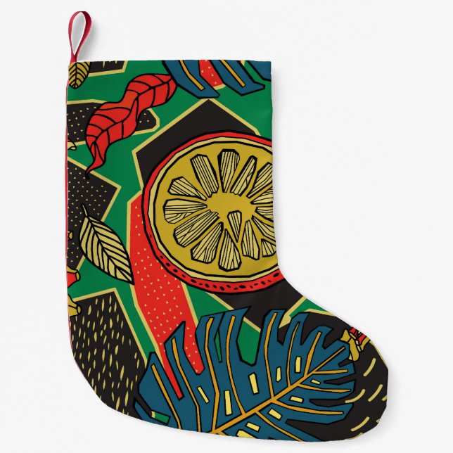 Tropical fruits, leaves, doodle floral pattern. small christmas stocking (Front)