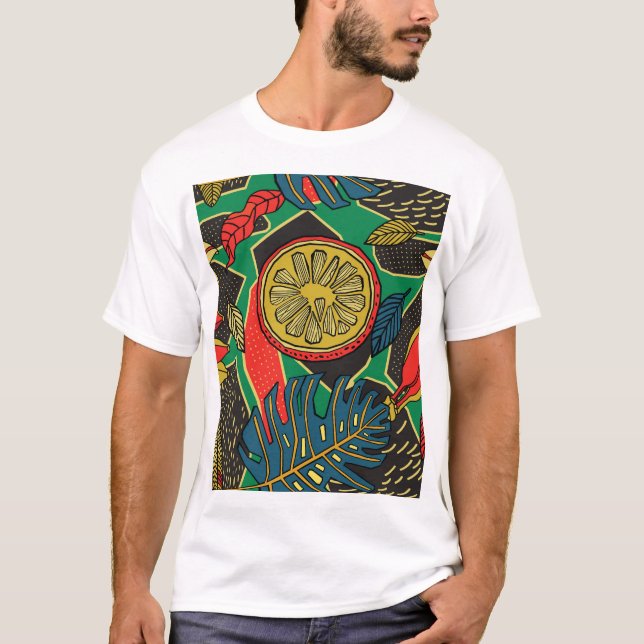 Tropical fruits, leaves, doodle floral pattern. T-Shirt (Front)