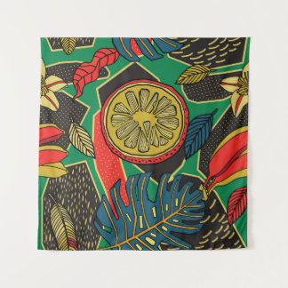 Tropical fruits, leaves, doodle floral pattern. tapestry