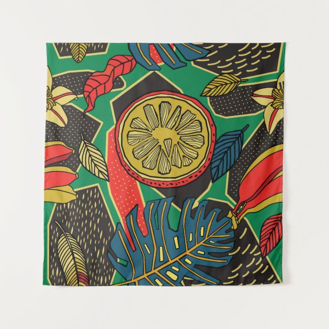 Tropical fruits, leaves, doodle floral pattern. tapestry (Front)