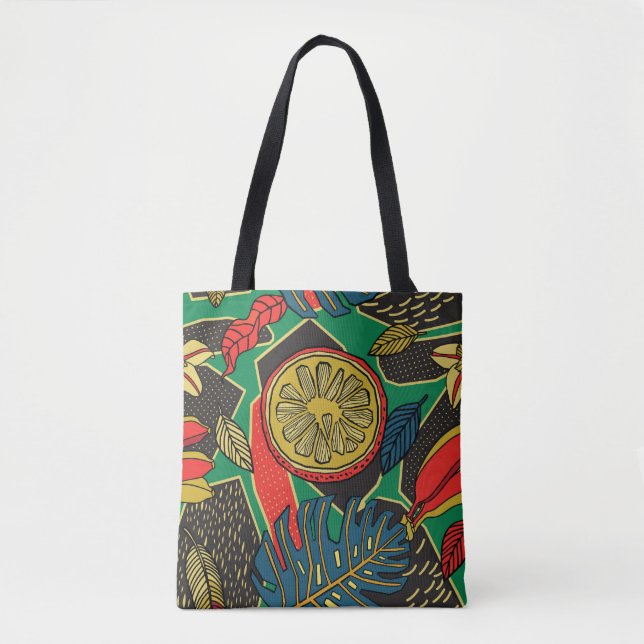 Tropical fruits, leaves, doodle floral pattern. tote bag (Front)