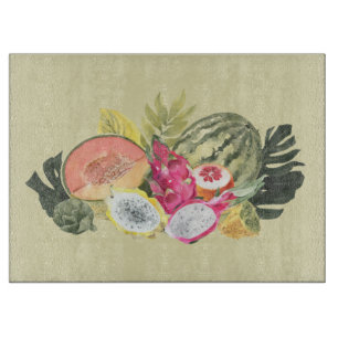 Tropical Fruits Still Life Glass Cutting Board