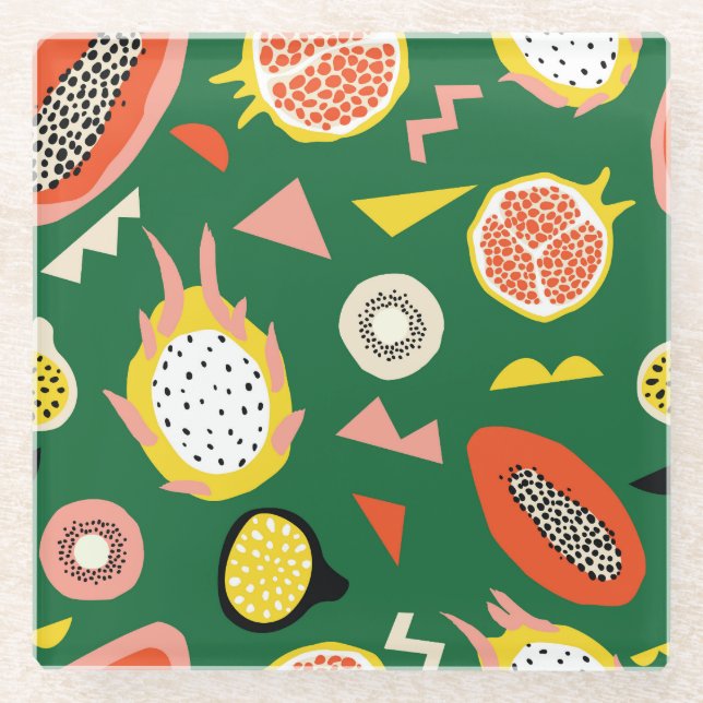 Tropical fruits: vibrant seamless pattern. glass coaster (Front)