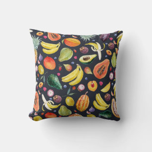 Tropical Fruits: Watercolor Multifruit Pattern. Cushion