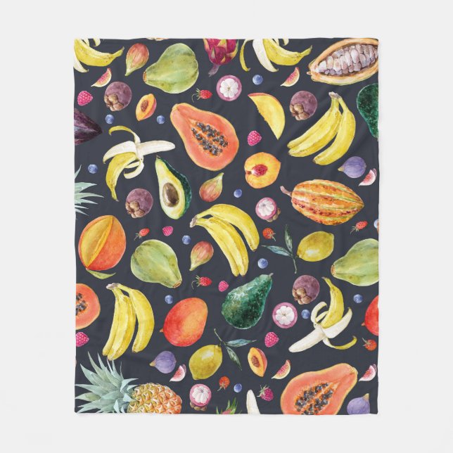 Tropical Fruits: Watercolor Multifruit Pattern. Fleece Blanket (Front)