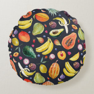 Tropical Fruits: Watercolor Multifruit Pattern. Round Cushion