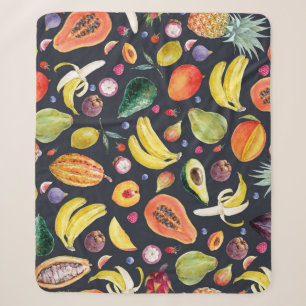 Tropical Fruits: Watercolor Multifruit Pattern. Sherpa Blanket