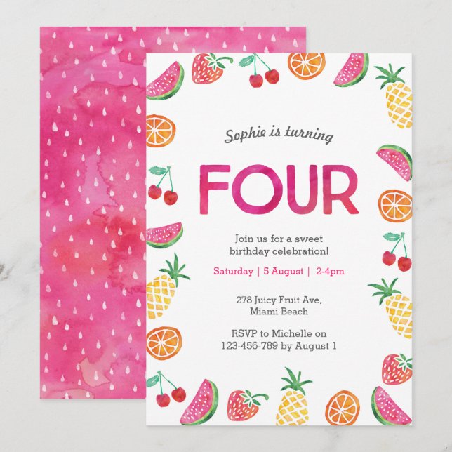 Tropical fruity Pink 4th Birthday Invitation (Front/Back)