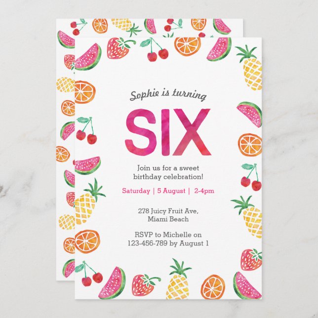 Tropical fruity Pink 6th Birthday Invitation (Front/Back)