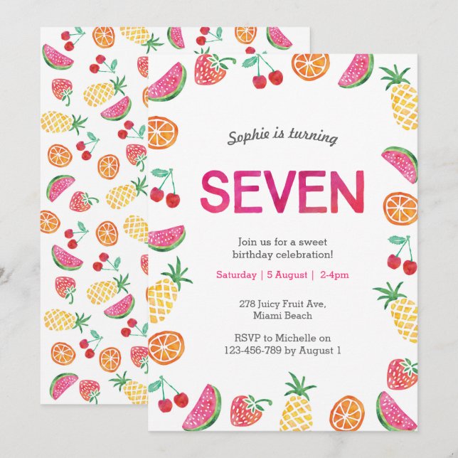 Tropical fruity Pink 7th Birthday Invitation (Front/Back)