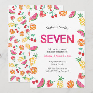 Tropical fruity Pink 7th Birthday Invitation