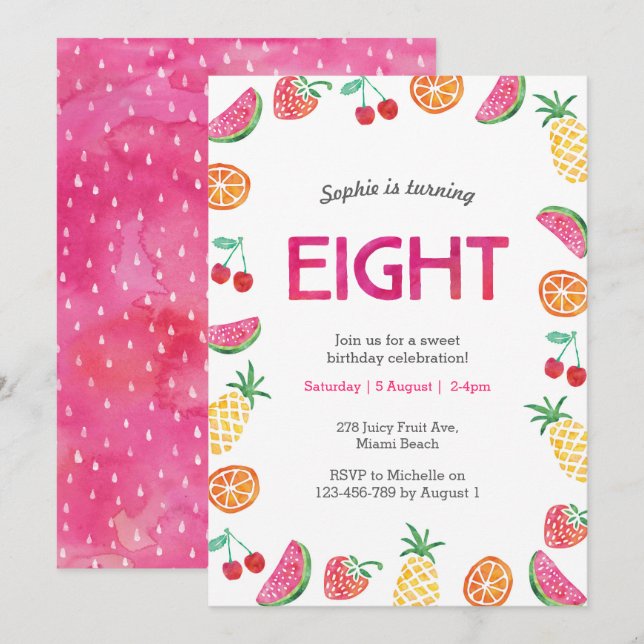 Tropical fruity Pink 8th Birthday Invitation (Front/Back)