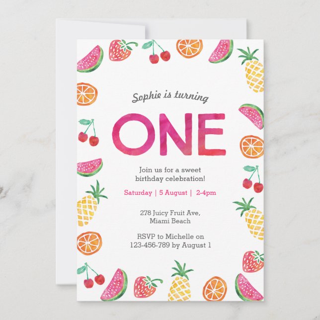Tropical fruity Pink Birthday Invitation (Front)