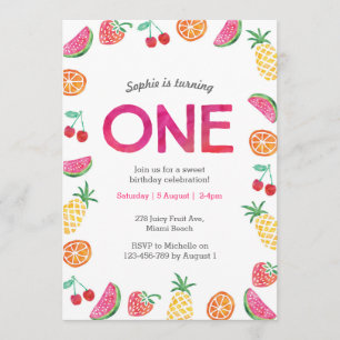 Tropical fruity Pink Birthday Invitation