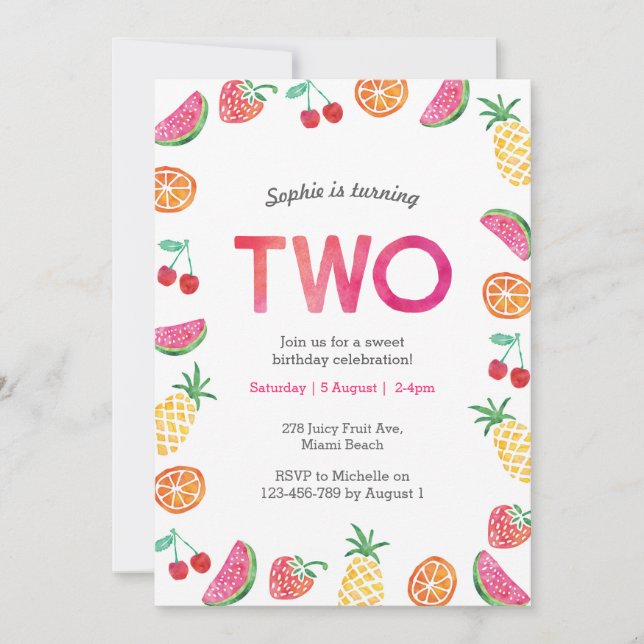Tropical fruity Pink Birthday Invitation (Front)