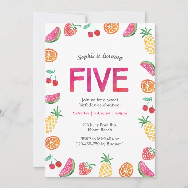 Tropical fruity Pink Birthday Invitation (Front)
