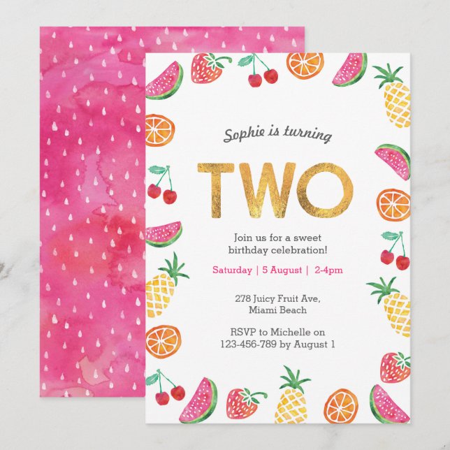 Tropical fruity Pink Gold 2nd Birthday Invitation (Front/Back)