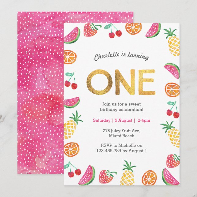 Tropical fruity Pink Gold Birthday Invitation (Front/Back)