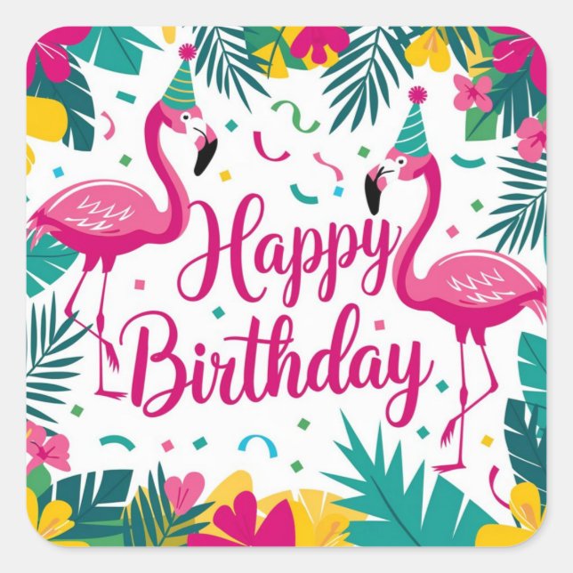 Tropical Fun Flamingo Birthday Design Square Sticker (Front)