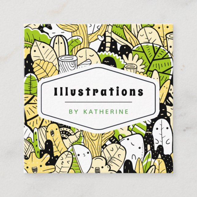 Tropical Funky Kawaii Forest Graphic Designer Leaf Square Business Card (Front)