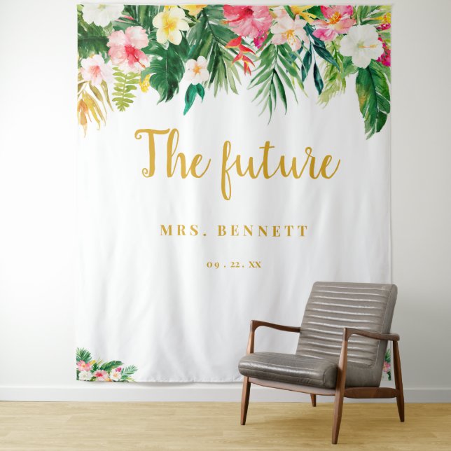 Tropical Future Mrs Bridal Shower Backdrop Tapestry (In Situ)