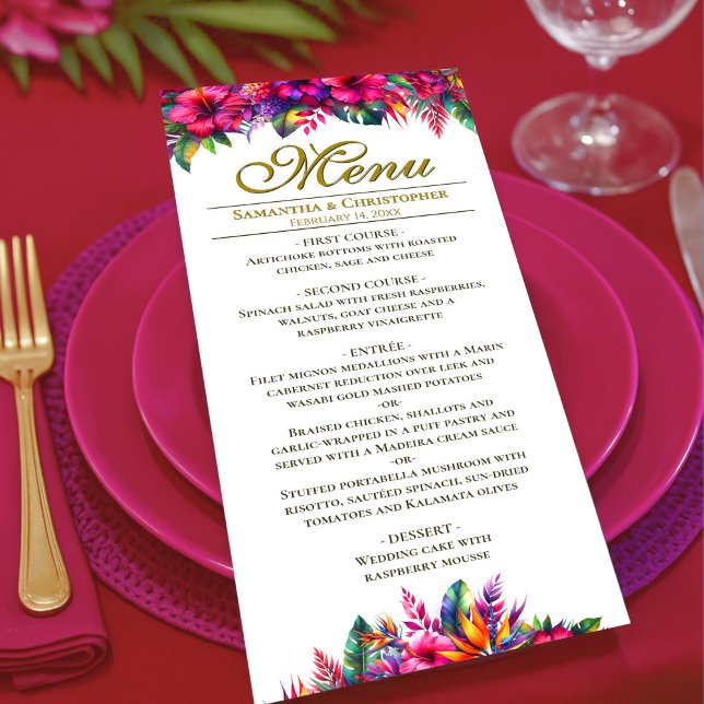 Tropical Garden Colourful Pink Hibiscus Wedding Menu (Creator Uploaded)