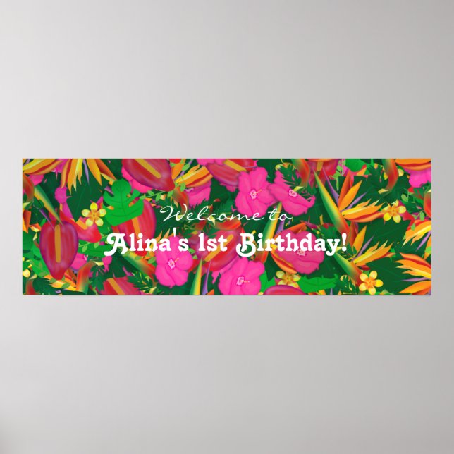 Tropical Garden Floral Birthday Party Banner Poster (Front)